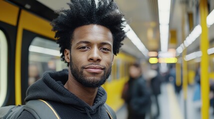 Naklejka premium A young man with curly hair stands inside a subway train, wearing a hoodie and carrying a backpack. He looks directly at the camera, surrounded by fellow commuters