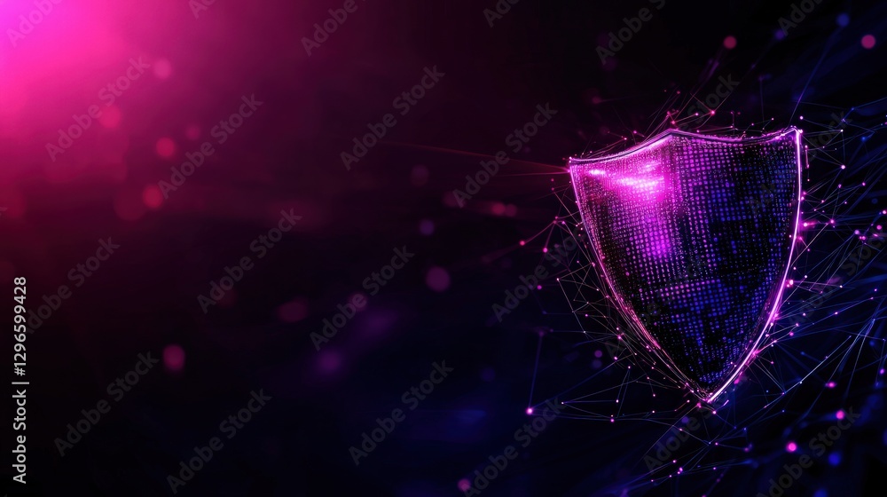 Poster digital shield symbol representing cybersecurity and data protection in a futuristic background
