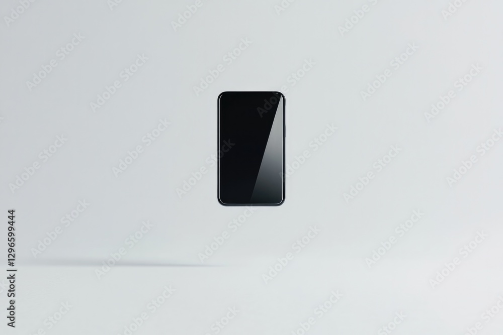 Poster minimalistic smartphone floating in white void sleek black screen reflecting subtle highlights