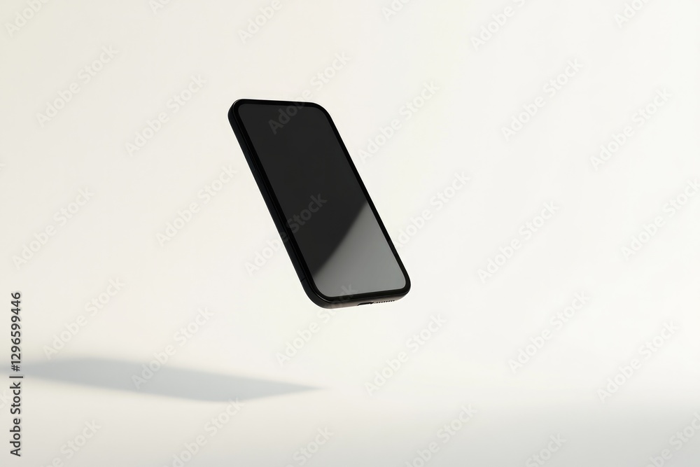 Poster minimalistic smartphone floating in white void sleek black screen reflecting subtle highlights