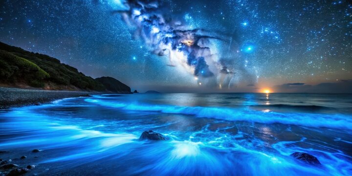 Bioluminescent Noctiluca scintillating under starry sky in Matsu oceanic waves, blue sparks