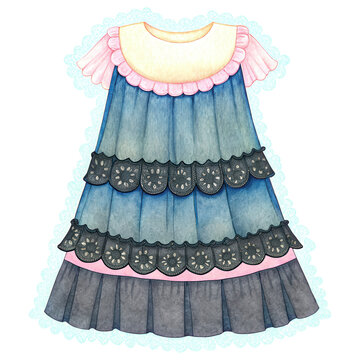 recommend clip art: easter spring fashion clipart, Cute ruffled dress with floral lace details in blue and pink tones