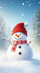 Fototapeta premium Cute snowman with a yellow hat and scarf in a snowy scene.