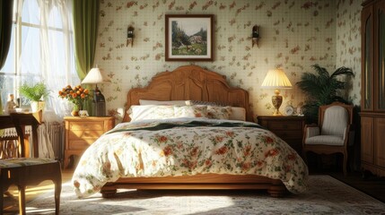 Sunlit Vintage Bedroom with Floral Bedding and Wallpaper