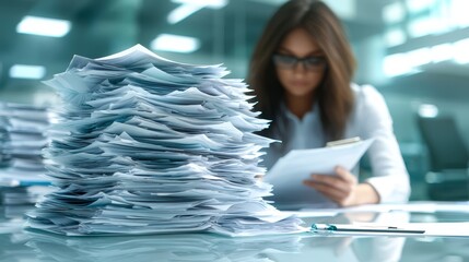 A woman reviews documents while sitting at a desk surrounded by a large stack of paperwork, conveying a sense of business and paperwork overload.