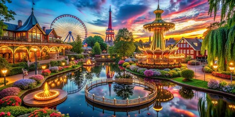Fototapeta premium Magical Tivoli Gardens Evening: Copenhagen's Illuminated Rides & Breathtaking Landscape