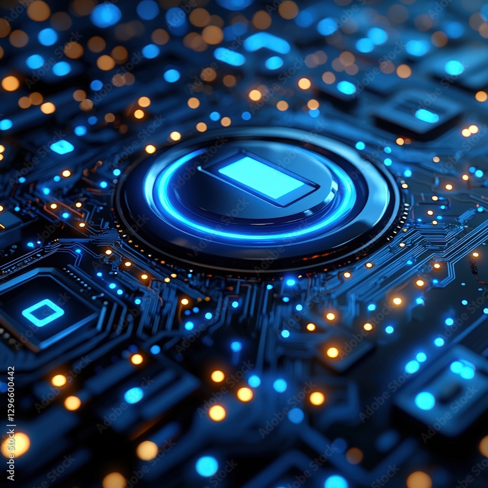 Poster blue button embedded in intricate circuitry of a complex electronic board displaying technology