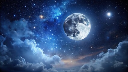 Fototapeta premium Dark Night Sky with Full Moon and Stars , astronomy, darkness, astronomy, darkness, cosmos