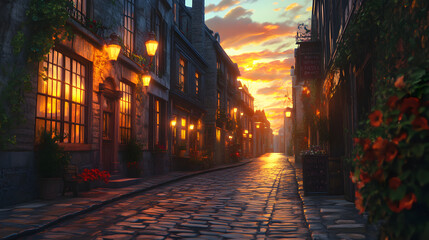 Fototapeta premium European street at sunset with glowing lanterns and impressionistic reflections on cobblestone roads 