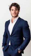 Fototapeta premium A man in a blue suit and white shirt poses for a photo