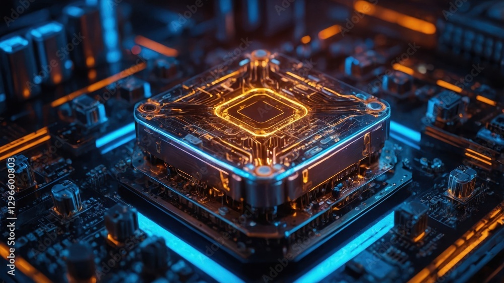 Poster futuristic ai core showcases intricate circuits and glowing details within a high-tech environment, 
