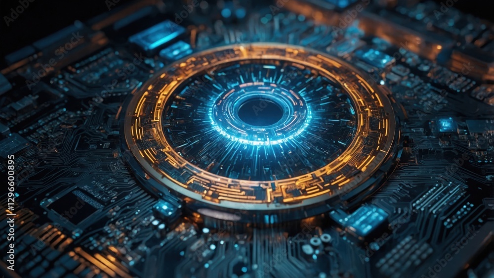 Poster futuristic ai core surrounded by intricate circuitry and glowing elements, representing advanced tec