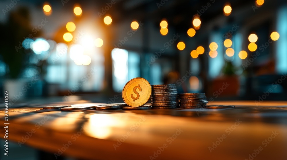 Poster a close-up of a stack of coins and a dollar coin on a table, illuminated by warm lights in a blurred