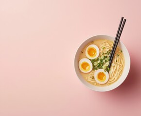 A top-down view of a bowl of ramen with soft-boiled eggs, noodles, and chopsticks on a pastel pink background.