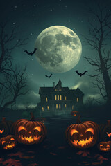 Fototapeta premium Haunted House in a Dark Forest with Full Moon – Halloween Concept