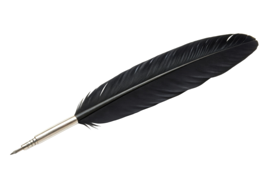 An elegant black quill pen with a silver nib lies gracefully on a smooth wooden surface, inviting creativity and perfect for writing letters or notes, cut out - Powered by Adobe