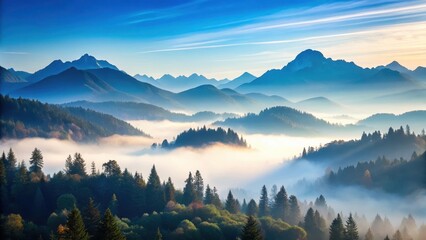 Obraz premium A misty mountain range set against a soft blue sky with a gentle gradient effect, conveying the mystical atmosphere of a serene wilderness scene , gradient, landscape