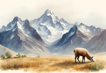 Watercolor of the Andes Mountains with a Llama Grazing in the Foreground