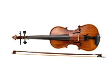 Beautiful violin and bow laying elegantly on a neutral surface showcasing craftsmanship and design for music lovers and musicians alike, cut out