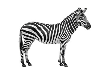 Obraz premium Striking black and white zebra standing confidently against a neutral backdrop in a natural pose for wildlife education and conservation awareness, cut out