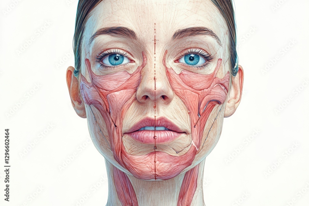 Poster Detailed medical illustration highlighting precise Botox injection points on a female face with anatomical features. Generative AI
