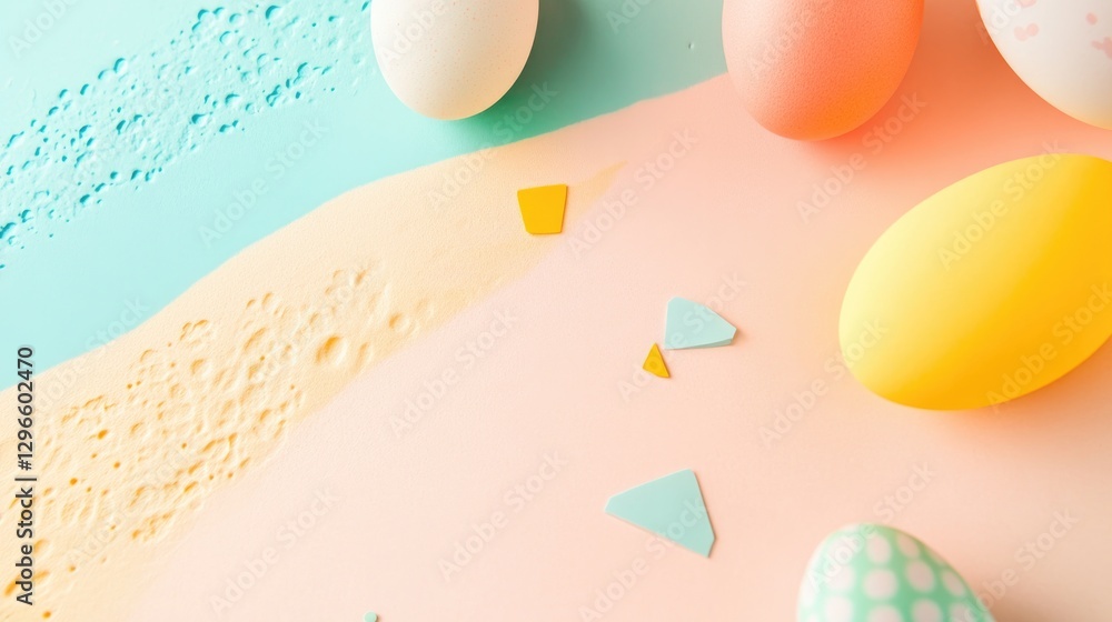 Poster playful abstract design with scattered geometric shapes and easter-themed patterns in vibrant pastel