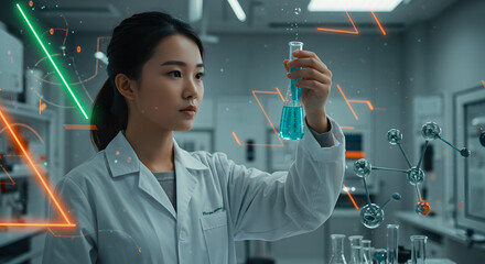 A female scientist holding a test tube, with molecular structures and digital elements floating around her