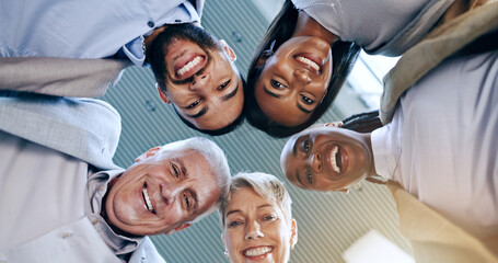 Portrait, teamwork or business people with cooperation, huddle and solidarity with motivation,...