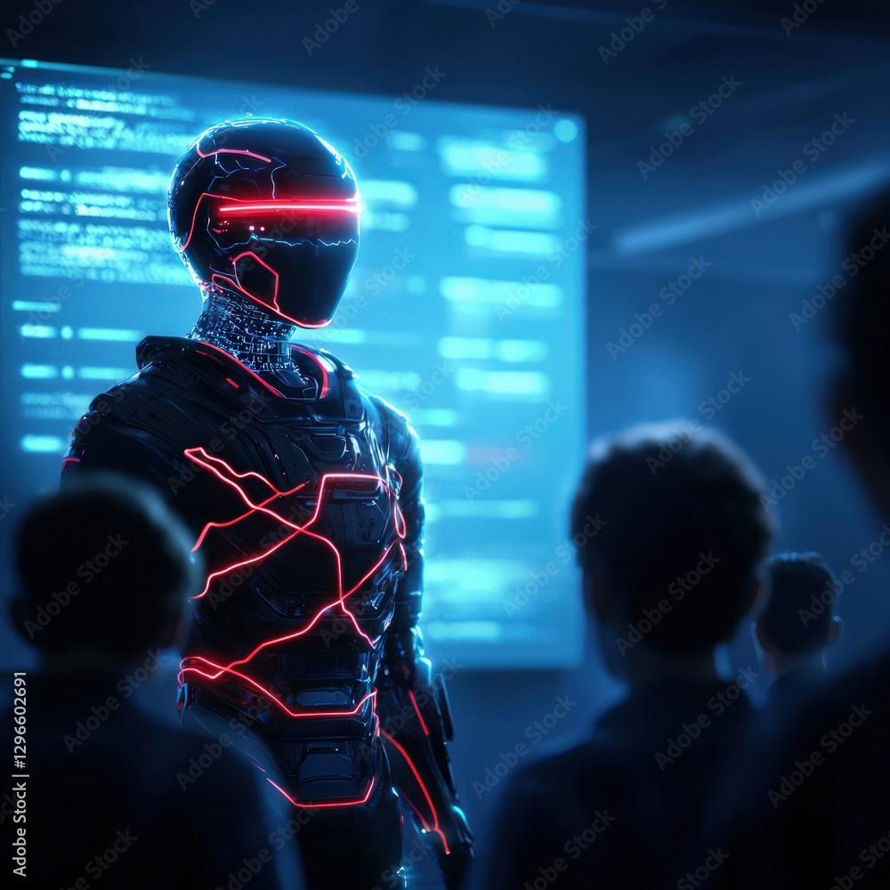 Poster futuristic robot presenting advanced technology concepts to an engaged audience in a modern setting