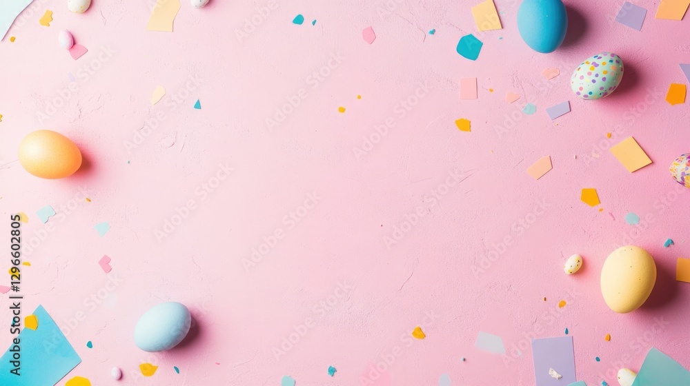 Poster playful abstract design with scattered geometric shapes and easter-themed patterns in vibrant pastel