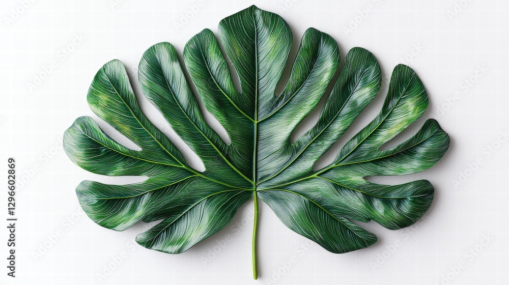 Poster a close-up view of a leaf highlighting its unique texture and deep green color against a soft backgr