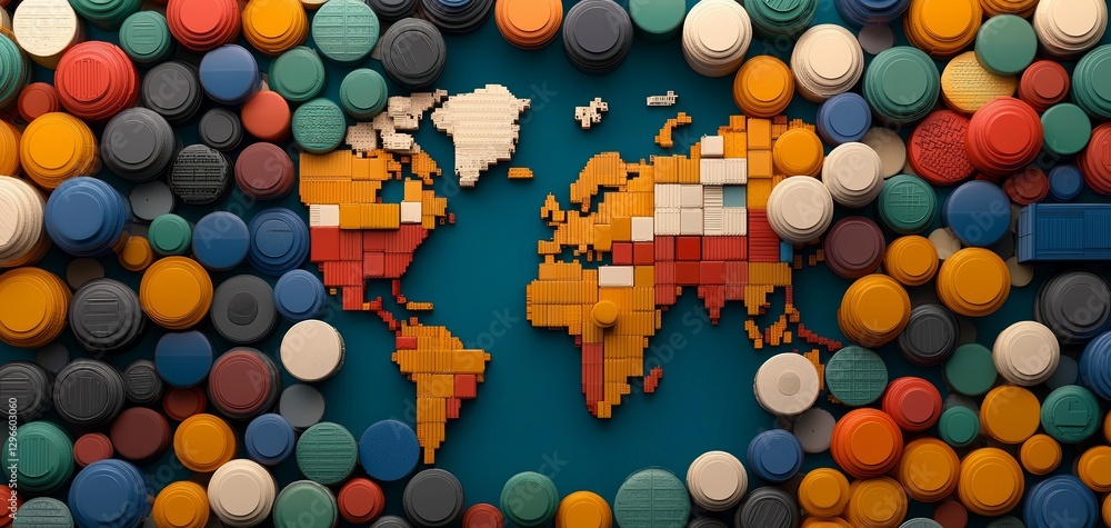 Poster a colorful representation of a world map created with circular pieces, showcasing a vibrant and play