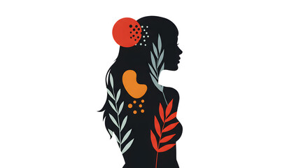 A minimalist illustration of a woman&rsquo;s silhouette filled with abstract shapes and colors