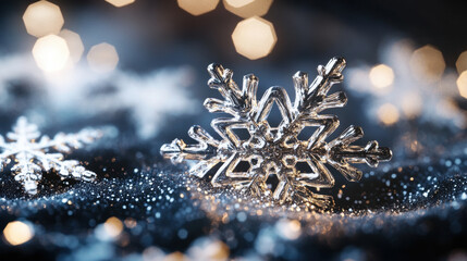 Golden snowflake on glittery surface with bokeh lights