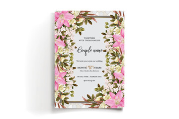 WEDDING INVITATION FRAME WITH FLOWER DECORATIONS AND FRESH LEAVES