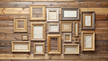 A large empty frame on a wooden wall with a subtle decorative border, surrounded by several other identical frames in varying sizes , gallery wall, empty space
