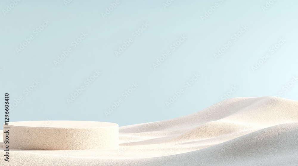 Poster podium designed with sandy textures and ocean-inspired elements softly illuminated to create natural