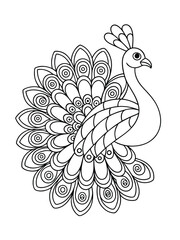 Peacock with Ornate Tail Full of Patterns – Elegant Adult Coloring Page on White Background
