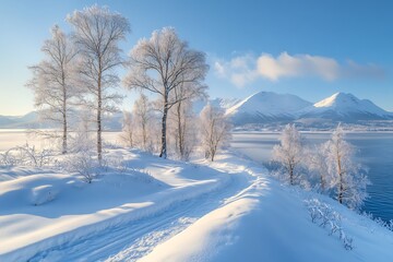 Obraz premium Winter wonderland landscape, snow-covered trees, serene lake