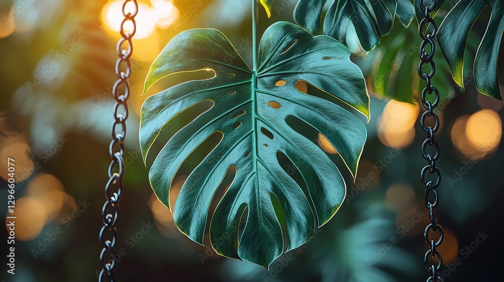 Poster unique leaf hanging from a chain creating a striking visual contrast between nature and metal elemen