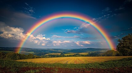 Fototapeta premium Vibrant rainbow arching over lush green fields nature scene sunny day scenic view outdoor beauty