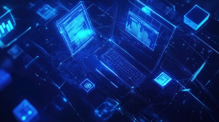 Glowing Data Network Featuring Laptop, Tablet, and Digital Information