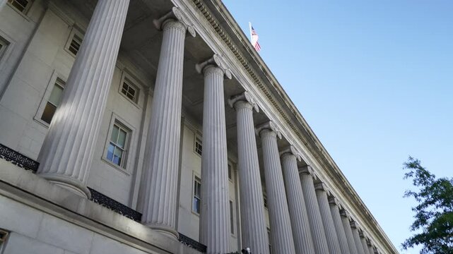 Wide angle view of the columns at the US Treasury Department in Washington, DC.
