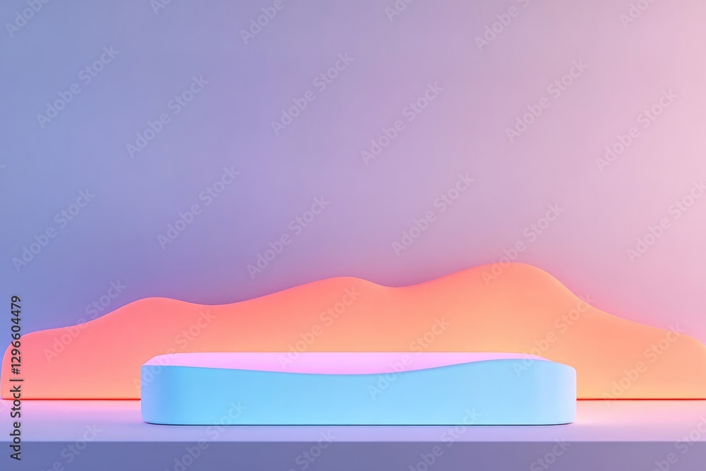 Poster podium in bold fluorescent colors with unique and irregular forms dramatically illuminated against c