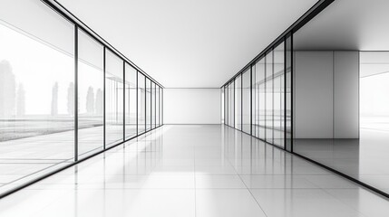 Fototapeta premium Modern office hallway with city view. Suitable for architectural renderings