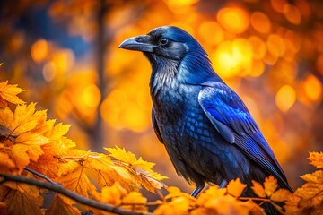 Fototapeta premium Majestic Blue Raven in Golden Autumn Leaves - Low Light Photography