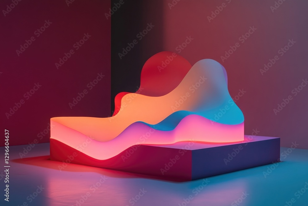 Poster podium in bold fluorescent colors with unique and irregular forms dramatically illuminated against c