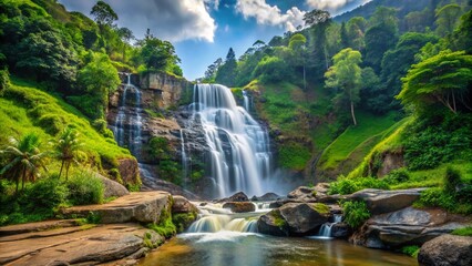 Obraz premium Majestic Boburu Ella Waterfall, Sri Lanka: A Breathtaking Cascade in Lush Greenery