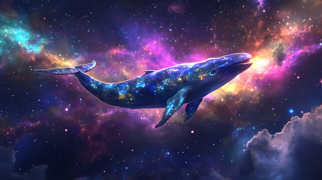 A glowing cosmic whale, bathed in the brilliance of colorful stars, moves gracefully through a deep galaxy, surrounded by swirling nebulae and ethereal light. Surreal Galactic Whale. Illustration