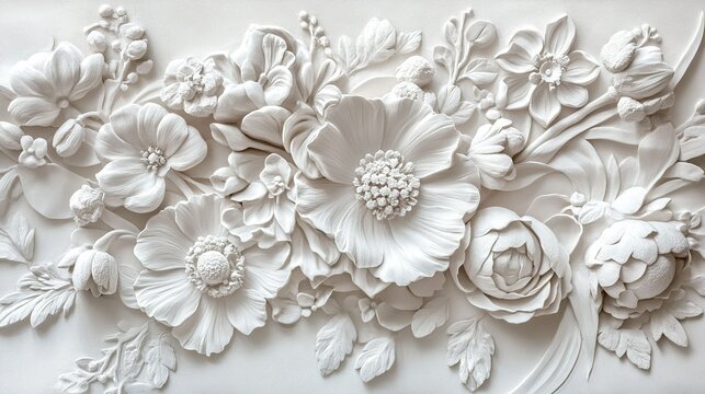 illustration an intricate white bas-relief sculpture of flowers on a wall